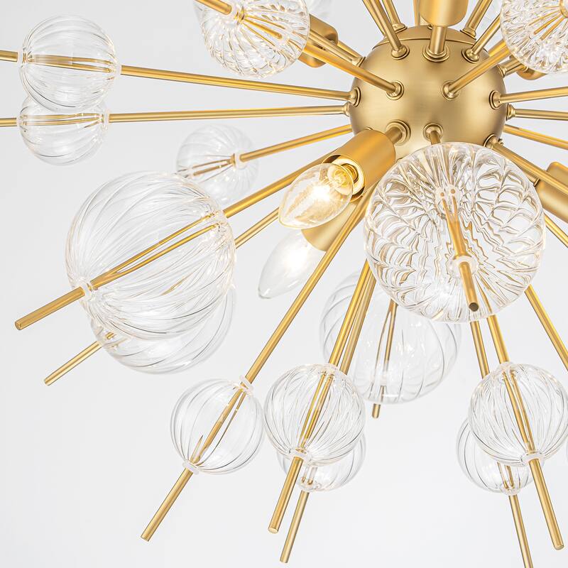 6-Light Mid-Century Modern Gold Linear Sputnik Textured Clear Glass Globe Bubble Chandelier for Dining Room