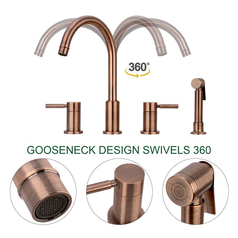 Two-Handles Copper Widespread Kitchen Faucet with Side Sprayer