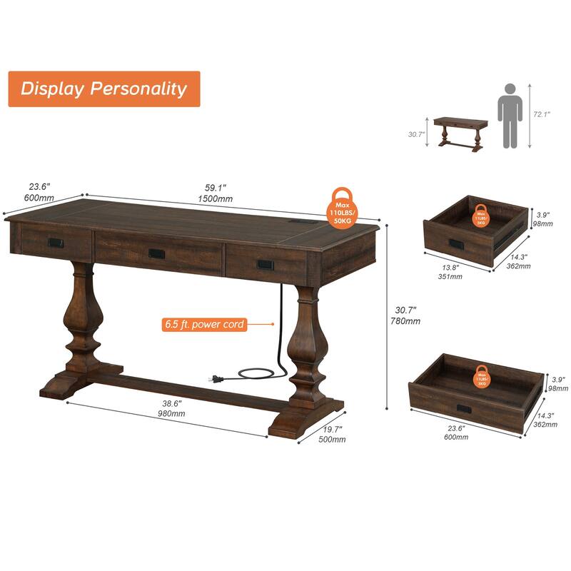 Vintage Rustic Executive Desk with Charging Station Home Office Table
