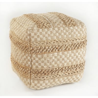 18" Cream and Brown Geometric Textured Square Pouf Ottoman