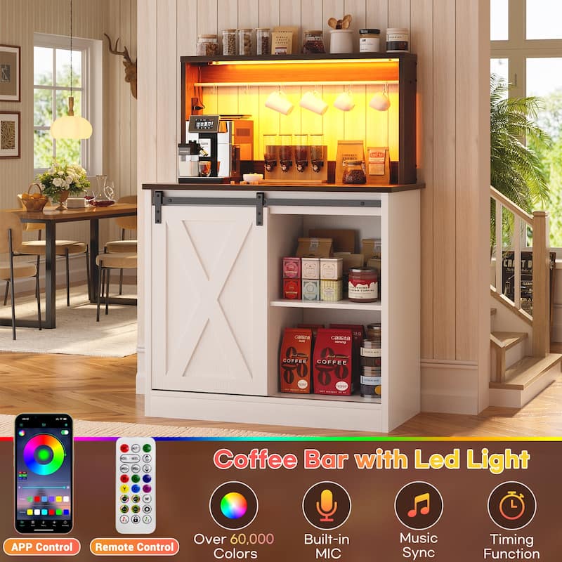 Farmhouse Wine Bar Cabinet with Barn Door & Charging Station,Sturdy Buffet Coffee Bar Cabinet with LED Lights & Hutch
