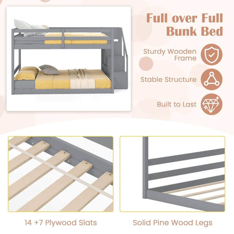 Costway Full Over Full Low Bunk Bed with Storage Stairs with