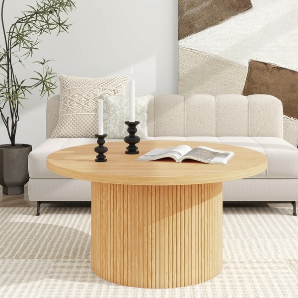 slide 2 of 8, Round Coffee Table Ribbed Pedestal Coffee Table Natural - Wood