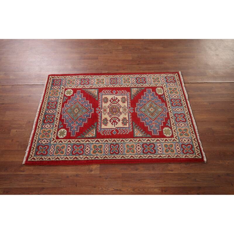 Geometric Red Kazak Accent Rug Handmade Red Wool Carpet - 2'9" x 4'1"
