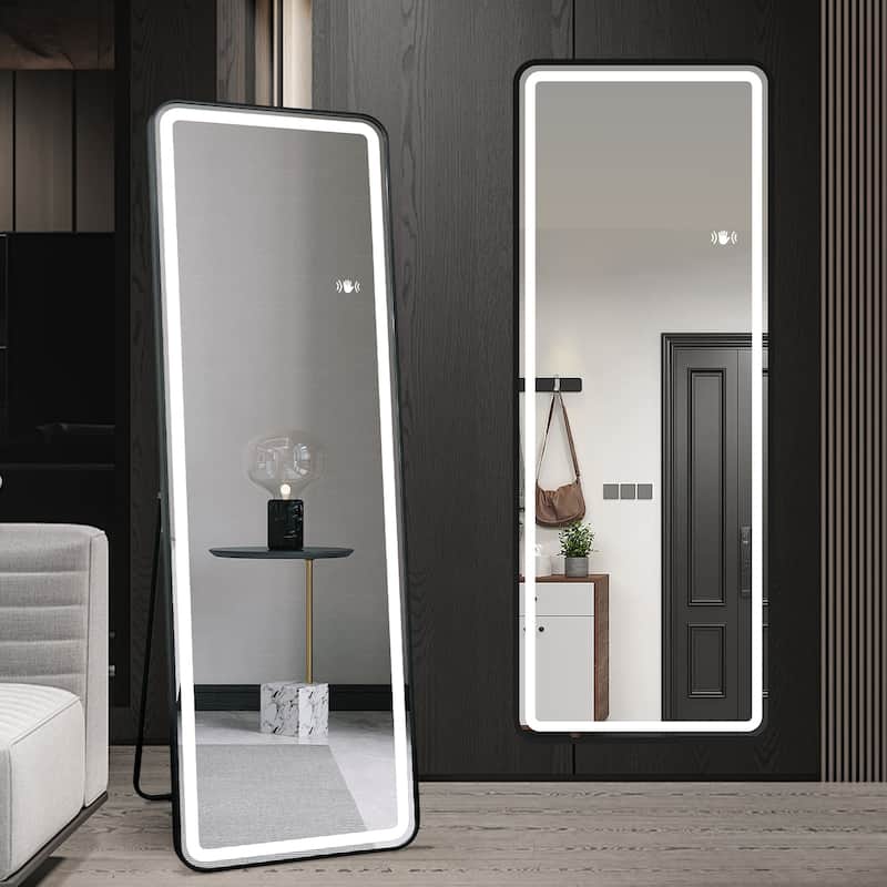 Full Length Floor Mirror with LED Light - Touch Control,Wall Mounted Bedroom Mirror for Adjustable Lighting - Black