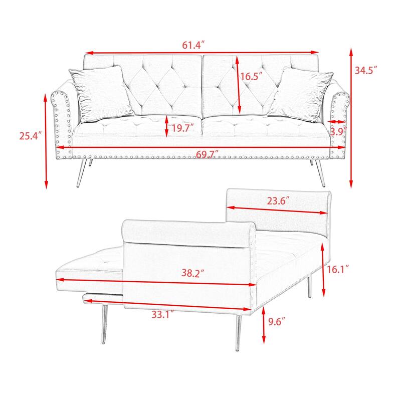 69.7-inch sofa bed with nailhead trim, matching throw pillows