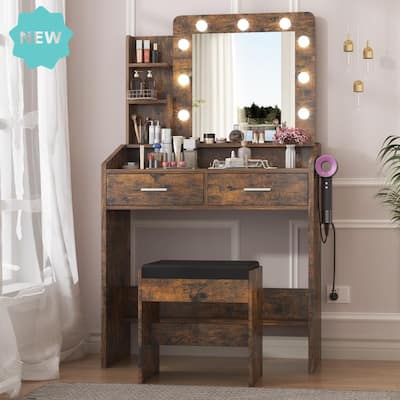 Makeup Vanity Desk with Mirror and Stool, Charging Station, 2 Drawers, 3 Shelves