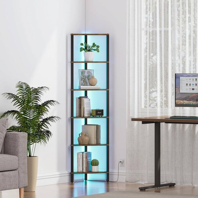 6-Tier Corner Bookshelf with LED Light