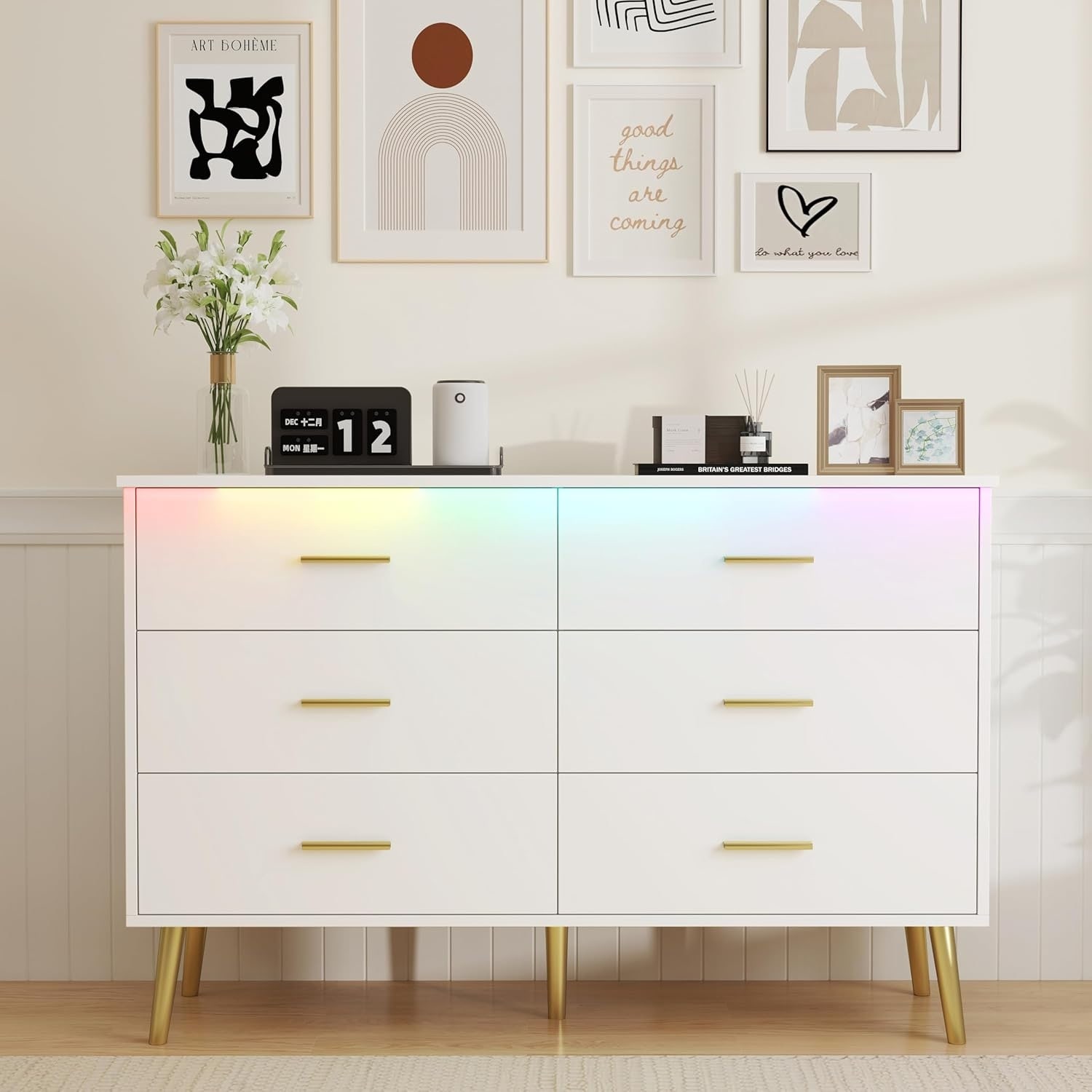 6-Drawer Wood Dresser with LED Light for Bedroom, Hallway, and Entryway