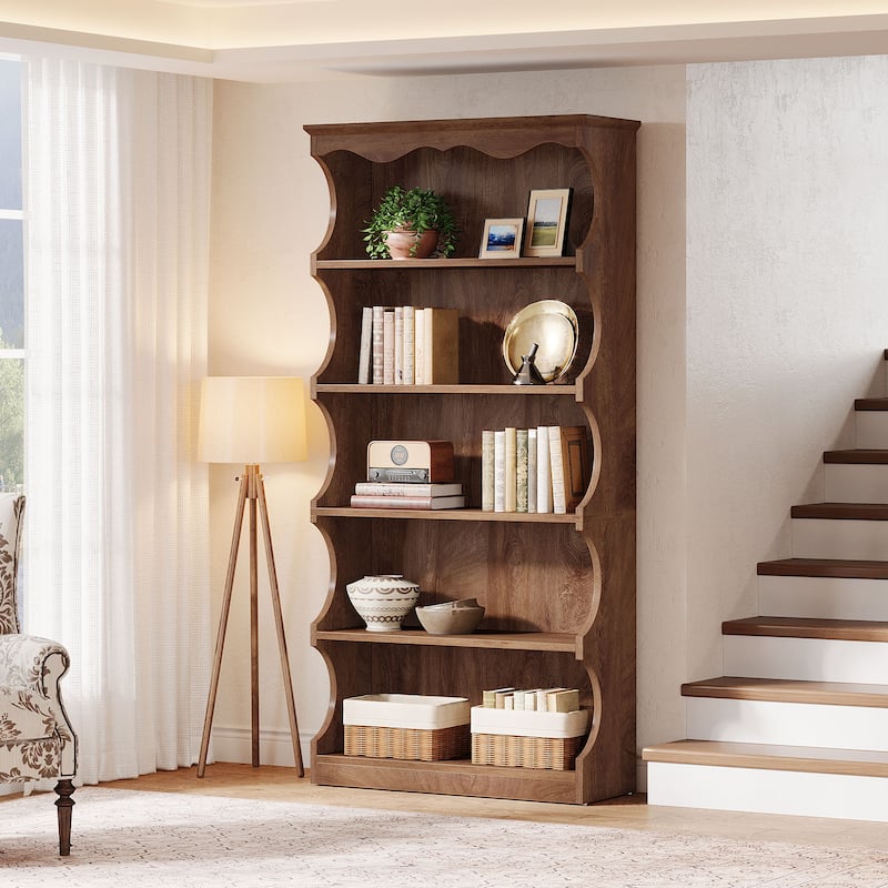 70-Inch Tall 5-Tier Bookcase with Curved-Edge Design - Brown