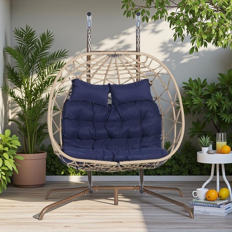 Double Rattan Egg Chair with Stand and UV-Resistant Cushions and Iron Frame - Outdoor Hanging Swing (600lb Capacity)