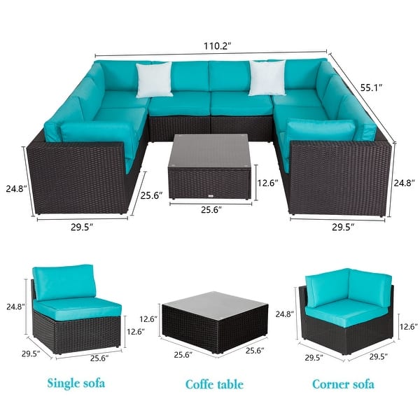 Kinbor 9piece Outdoor Furniture Patio Sectional Sofa Allweather Rattan Wicker Chat Set w