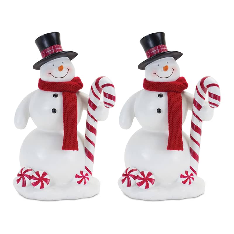 Peppermint Snowman with Candy Cane Figurine (Set of 2)
