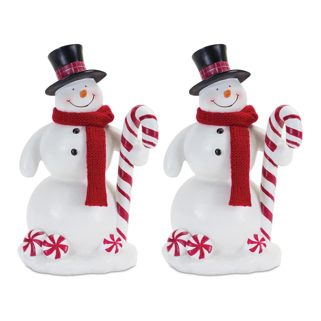 Snowman w/Candy Cane (Set of 2) 8"H Resin - White, Red