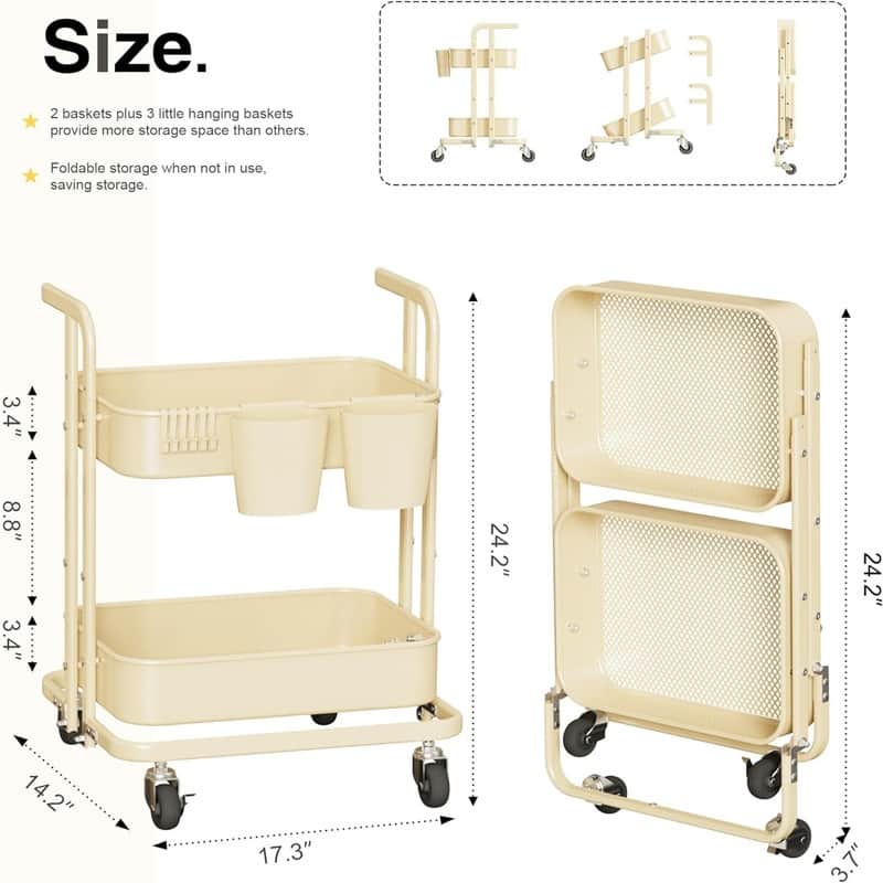 2 Tier Foldable Rolling Cart - 17.3"D x 18.3"W x 24.2"H