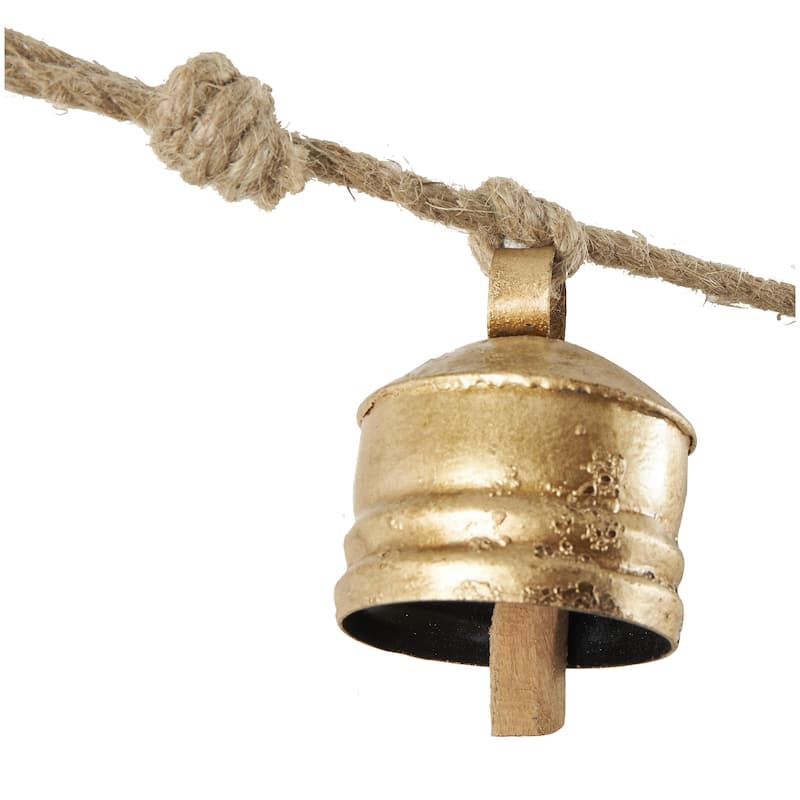 Metal Tibetan Inspired String Hanging Indoor Outdoor Decorative Cow Bells on Jute Hanging Rope - Gold - Roche River Decor