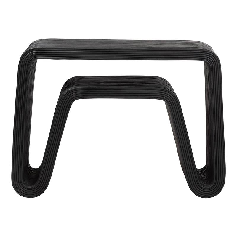 Abebi Black Rattan Console Table - Modern Accent Table with Waterfall Silhouette and Open Hairpin Legs, Boho Coastal Style