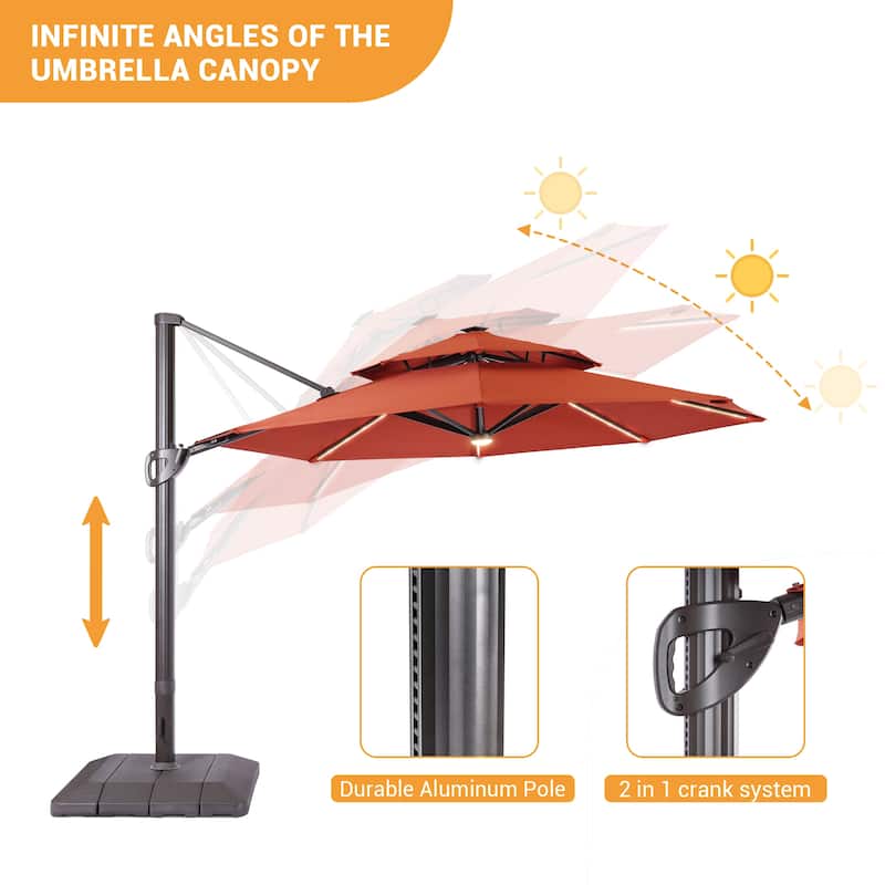 LIVOOSUN 11Ft LED Patio Hanging Double Top Octagon Cantilever Umbrella with 360-degree Rotating Canopy, Red