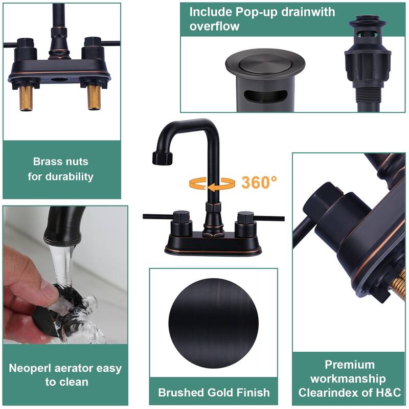 WOWOW 4 in. Centerset Double Handle High Arc Bathroom Faucet