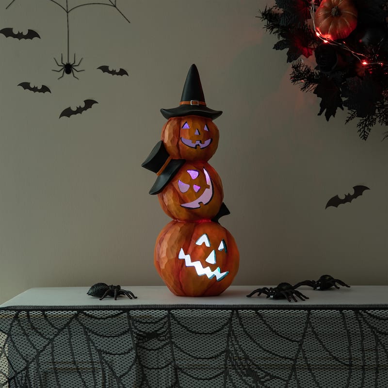 Glitzhome 14.25"H Halloween Lighted Stacked Resin Pumpkin Figurine Table Decor - Lighted Pumpkin
