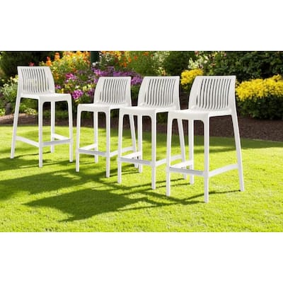 HomeRoots Set of Four 26" White Heavy Duty Plastic Low Back Outdoor Counter Height Bar Chairs