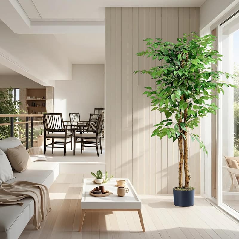 VECELO Artificial Ficus Tree with Natural Wood Trunk, Faux Plant for Office Home, Indoor Outdoor Decor, 1 Pack