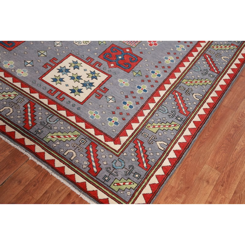 Hand Knotted Oriental 100% Wool Carpet Traditional Medallion Navy Blue & Blues Kazak Area Rug - 9' 7'' X 8' 4''