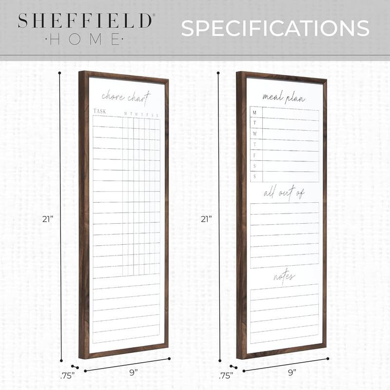 Sheffield Home Set of Two Family Planner Dry Erase Boards Featuring, Shopping List, Weekly Meal Planner and Notes, 9x21 Inch