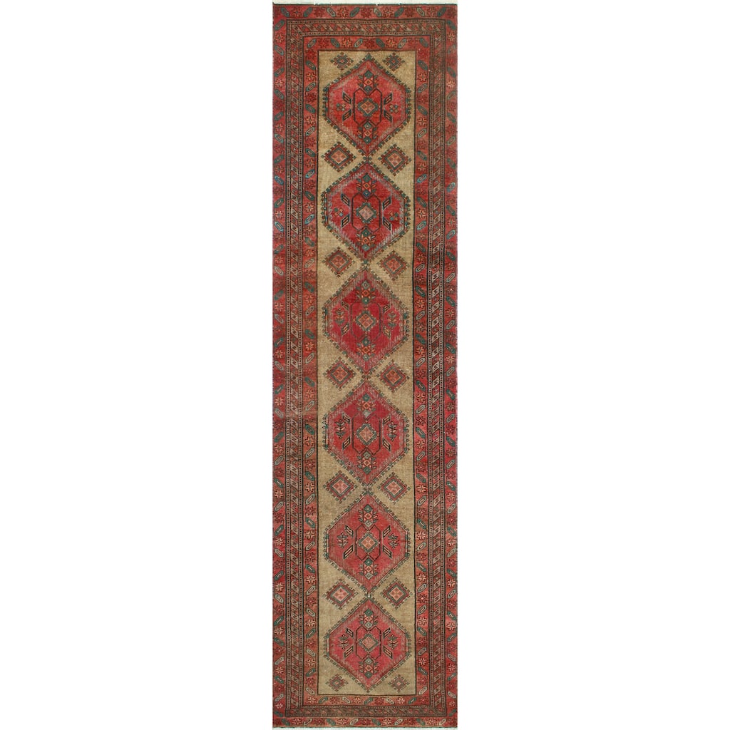 Fine Vintage Distressed Beaman Beige/Red Runner - 3'4" x 13'1"