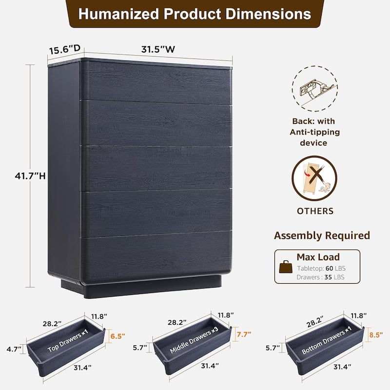 Modern 5 Drawer Dresser for Bedroom, Handle-less Wooden Dressers