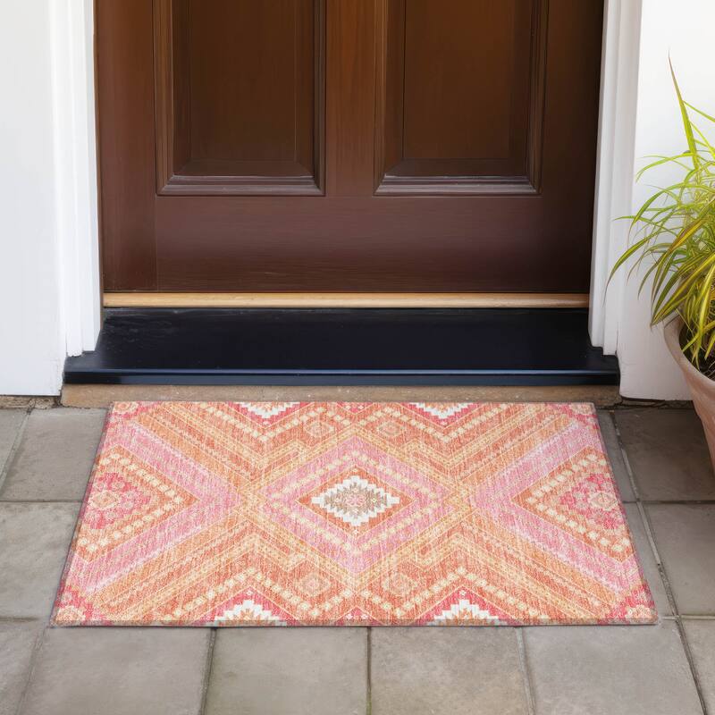 Machine Washable Indoor/ Outdoor Global Boho Chantille Rug - Coral - 1'8" x 2'6"
