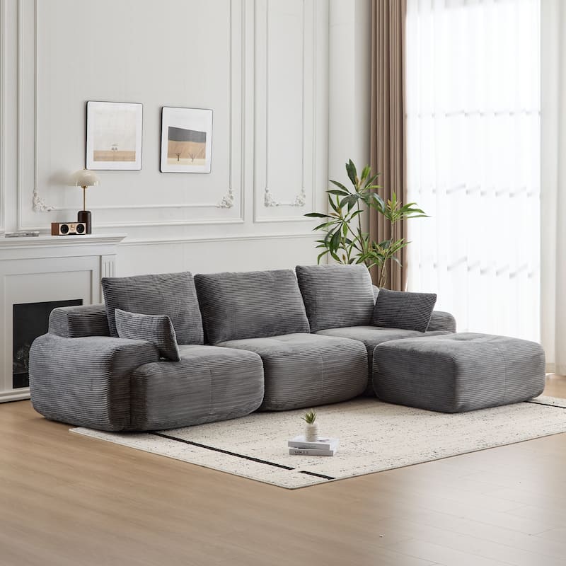 Ergonomic Deep Seat L-shaped Sectional Sofa with Chaise, Pet-Friendly Corduroy Modular Memory Foam Compressed Couch with Ottoman - Grey
