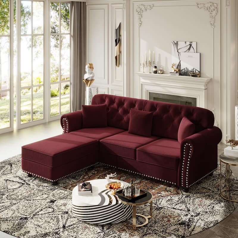 Mid-Century Modern Chesterfield Sofa with Button Tufted - Burgundy