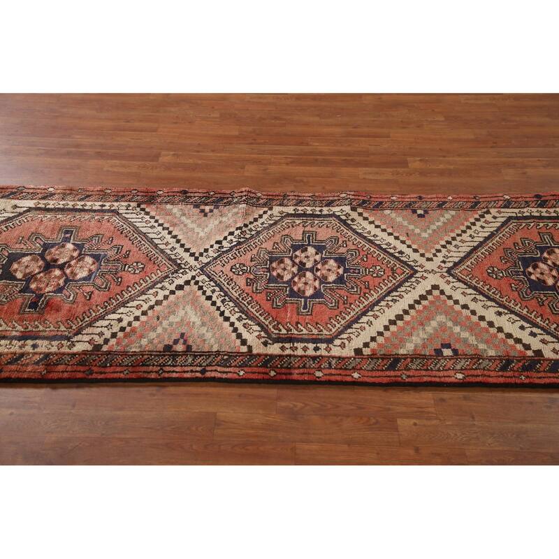 Geometric Bakhtiari Persian Vintage Runner Rug Handmade Wool Carpet - 3'1"x 9'1"
