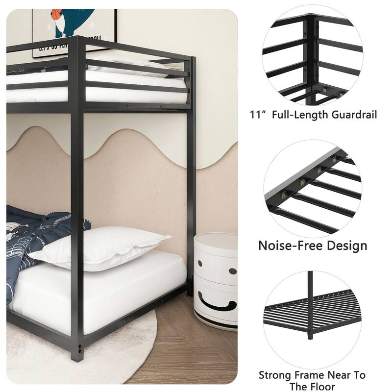 Low Profile Twin over Twin Metal Bunk Bed with Ladder and Guardrails for Kids and Adults