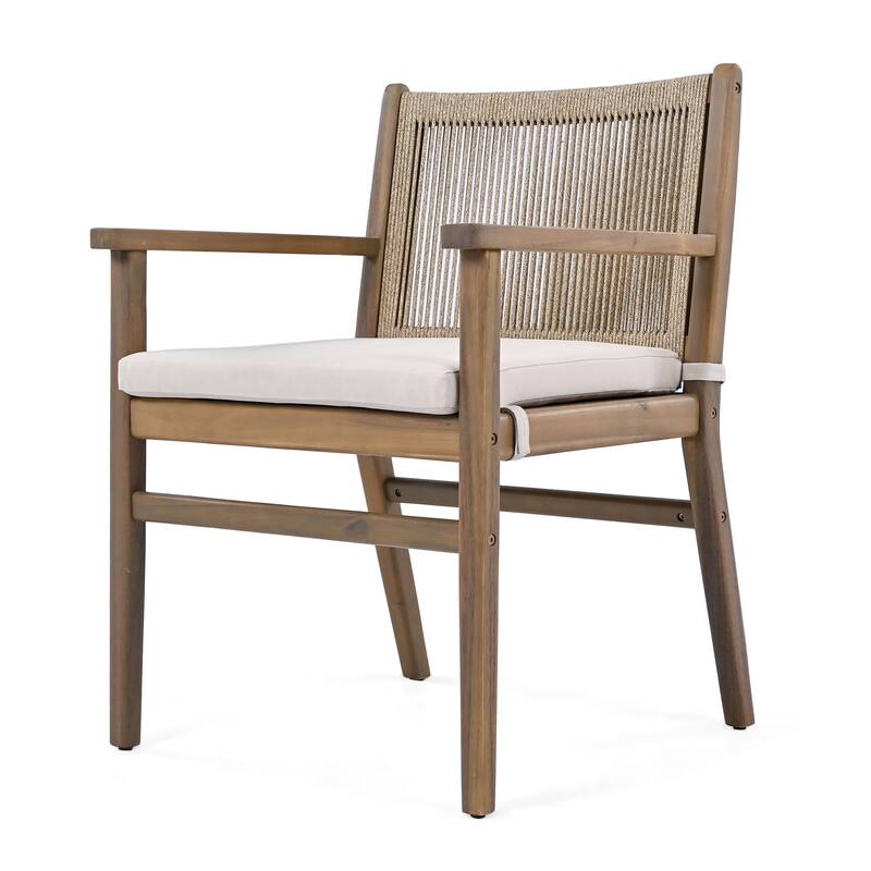 Roomfitters Outdoor Dining Chairs Set of 2, Acacia Wood Armchairs with Rope Back and Cushions, Patio Seating