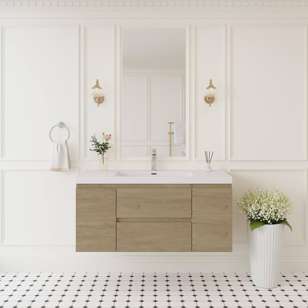 Modern Wall-Mounted Bathroom Vanity with White Solid Surface Top