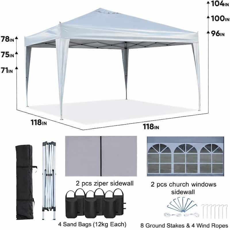Outdoor 10x 10Ft Pop Up Gazebo Canopy Tent Removable Sidewall with Zipper, 2pcs Sidewall with Windows,with 4pcs Weight sand bag