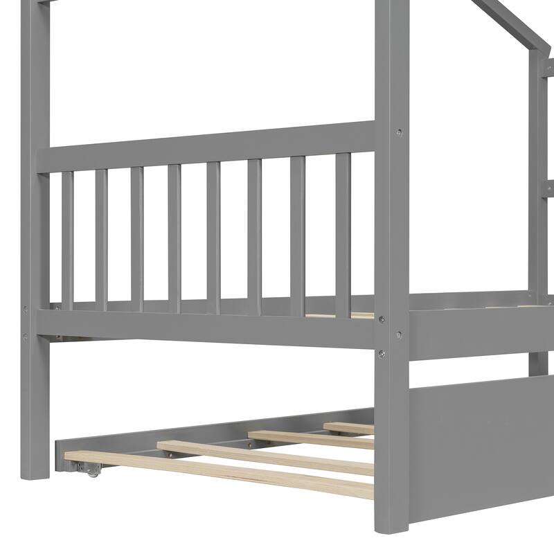 Roomfitters Twin Size Wooden House Bed with Trundle, Modern Playhouse Design with Guardrails