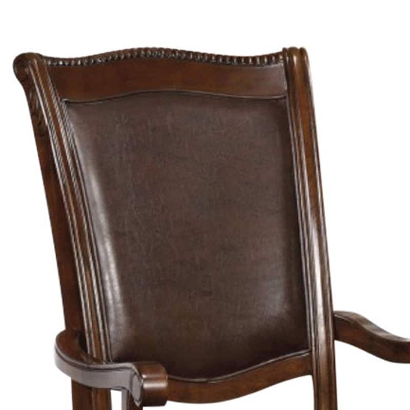 Set of 2 Brown Cherry Wooden Dining Armchairs with Espresso Leatherette Upholstery and Turned Legs