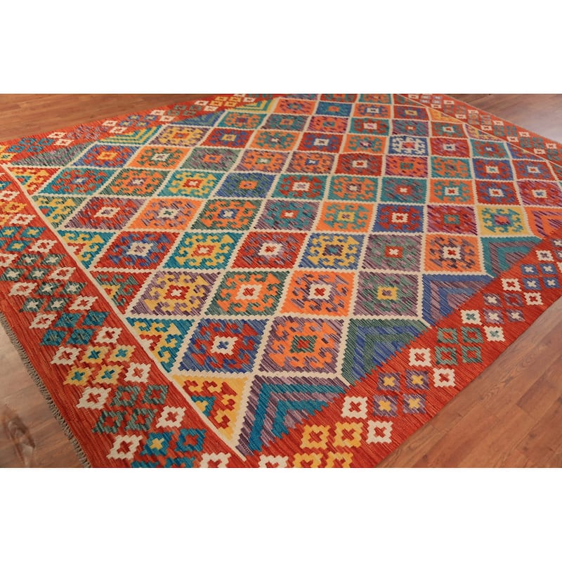 Geometric Kilim Reversible Area Rug Flatweave Orange Wool Carpet - 8'0"x 11'2"