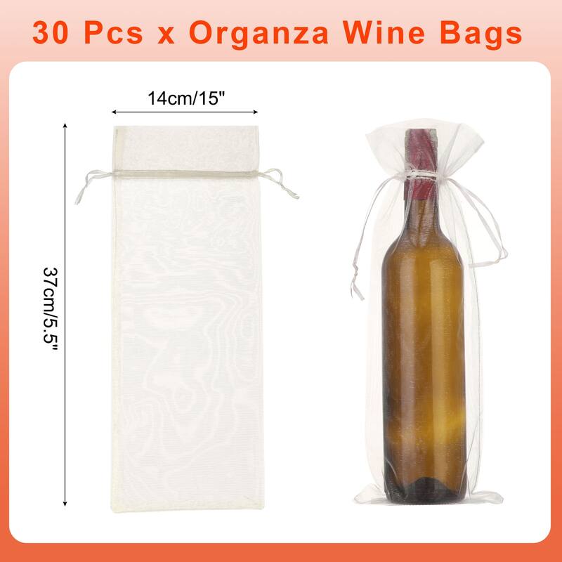 30pcs Organza Wine Bags, 15x5.5" Wine Gift Pouches with Drawstrings - Beige