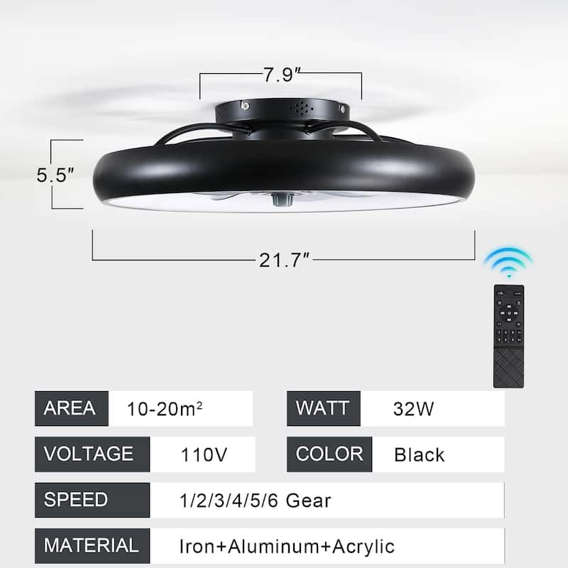 22 in. W x 6 in. H Iron Ceiling Fan in Black and White with Dimmable LED Lights - 22" x 6" in