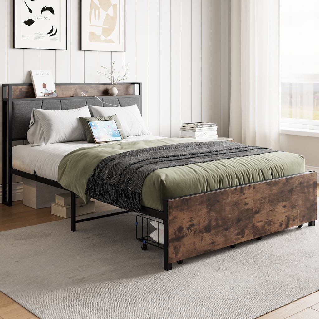 Metal Bed Frame, Platform Bed with Drawers, Storage Headboard with Charging Station, No Box Spring Needed, Vintage Brown & Gray