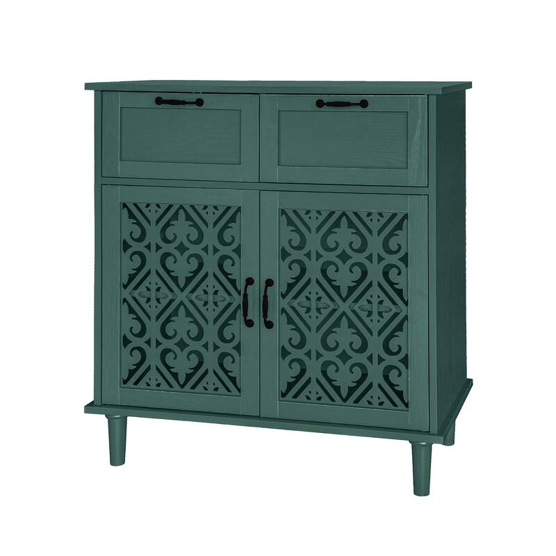Cabinet with 2 Carved Pattern Doors & 2 Drawers, Small Entryway Storage Table, Accent Cabinet with Metal Handles & Wooden Legs