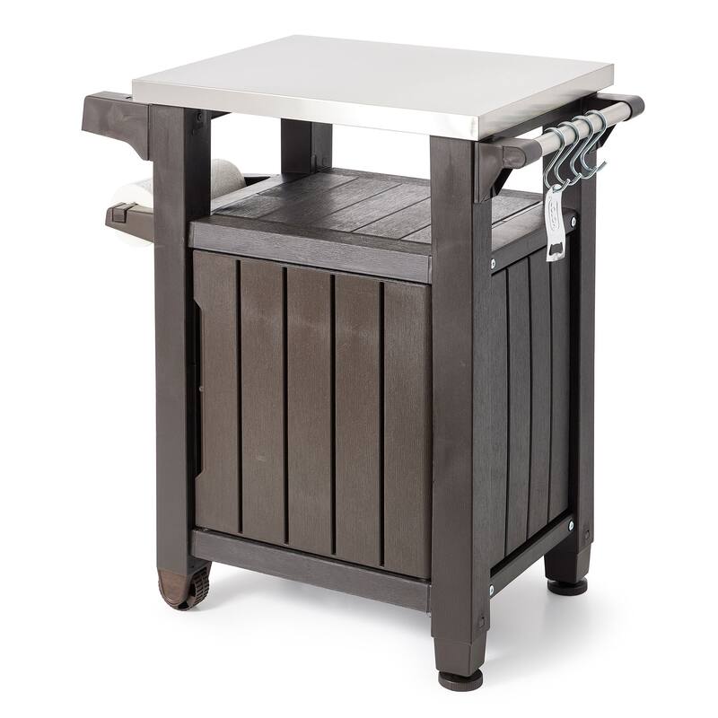 Keter Unity 40 Gal Grilling Bar Cart with Circa 37 Gal Round Deck Box, Brown - 15.5