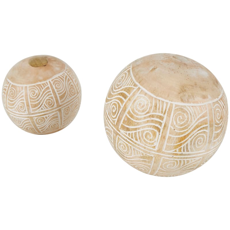 Cream Mango Wood Handmade Decorative Ball Orbs & Vase Filler with Carved Lines or Tribal Patterns (Set of 2)