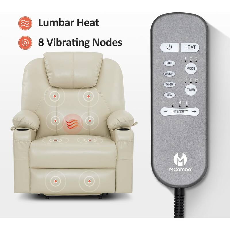 MCombo Large-Wide Power Lift Recliner Chair Sofa with Massage and Heat for Elderly People, Faux Leather R7510