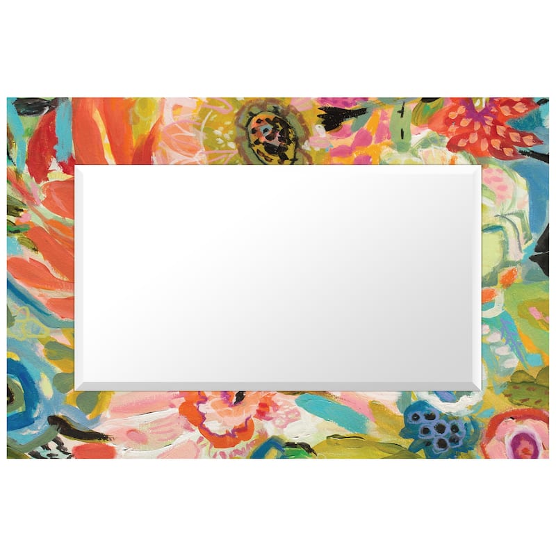 "Secret Garden Floral III" Rectangular Beveled Mirror on Free Floating Reverse Printed Tempered Art Glass - 48" x 32"