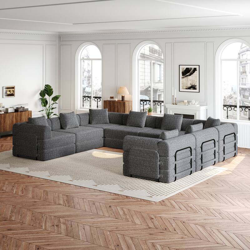8 Seater Folding Couch Modular Chenille Sectional Sofa Freely Combined Sleeper Sofa Bed with Storage Pockets and Anti-slip Pads